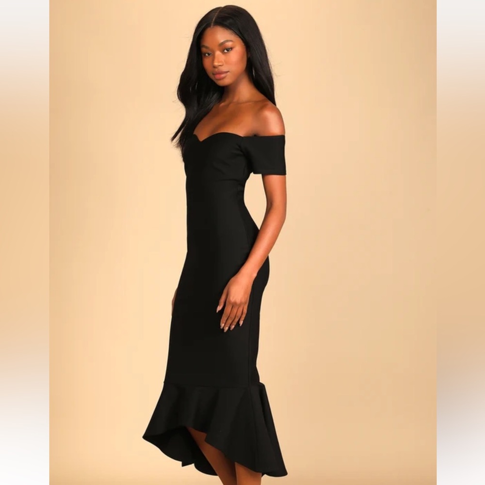 Lulu's Black Off the Shoulder Sheath Midi Dress - Picture 2 of 6